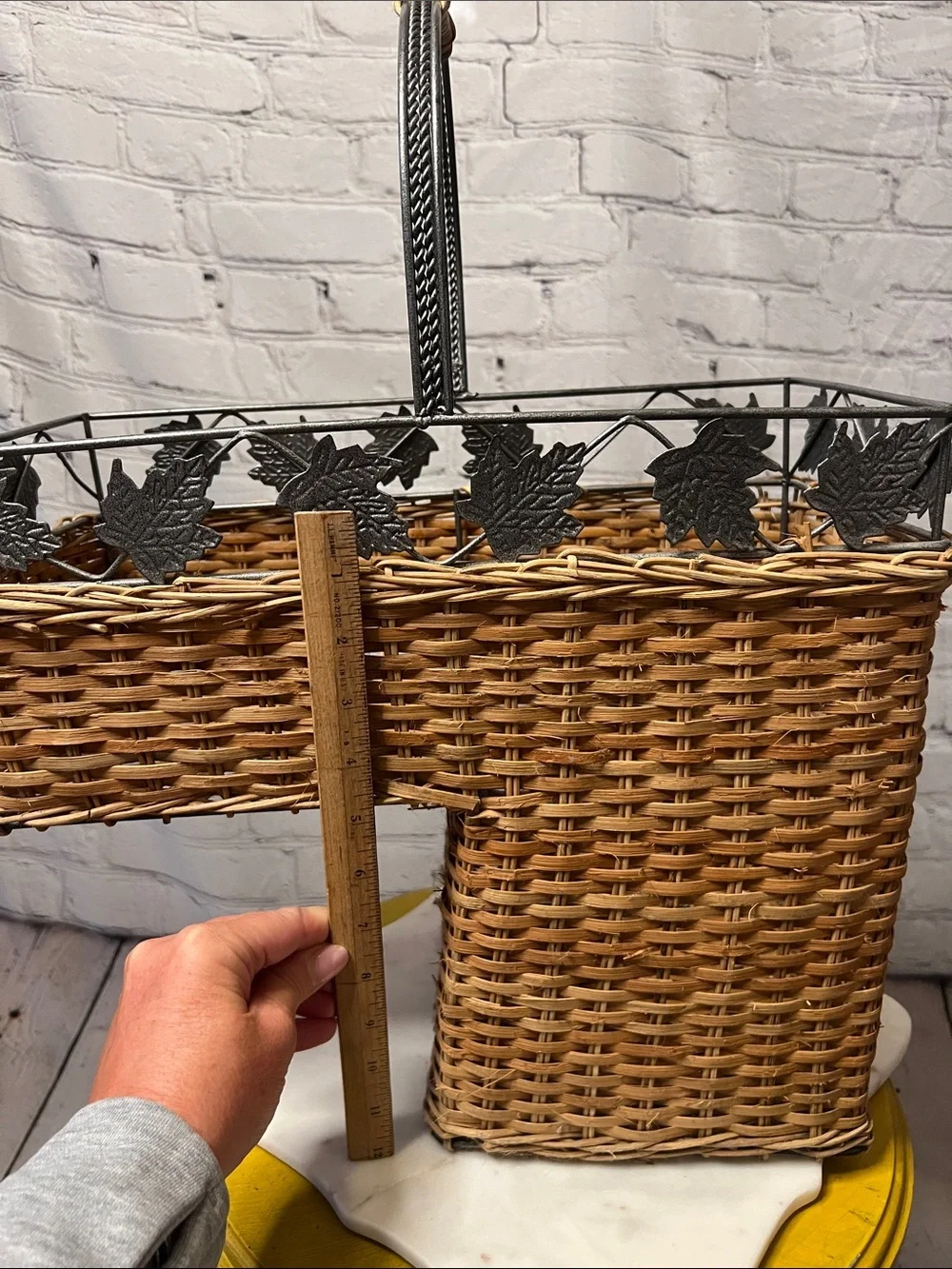Vintage stair step Wicker Basket Metal Maple Leaf Handle Rustic Farmhouse Decor